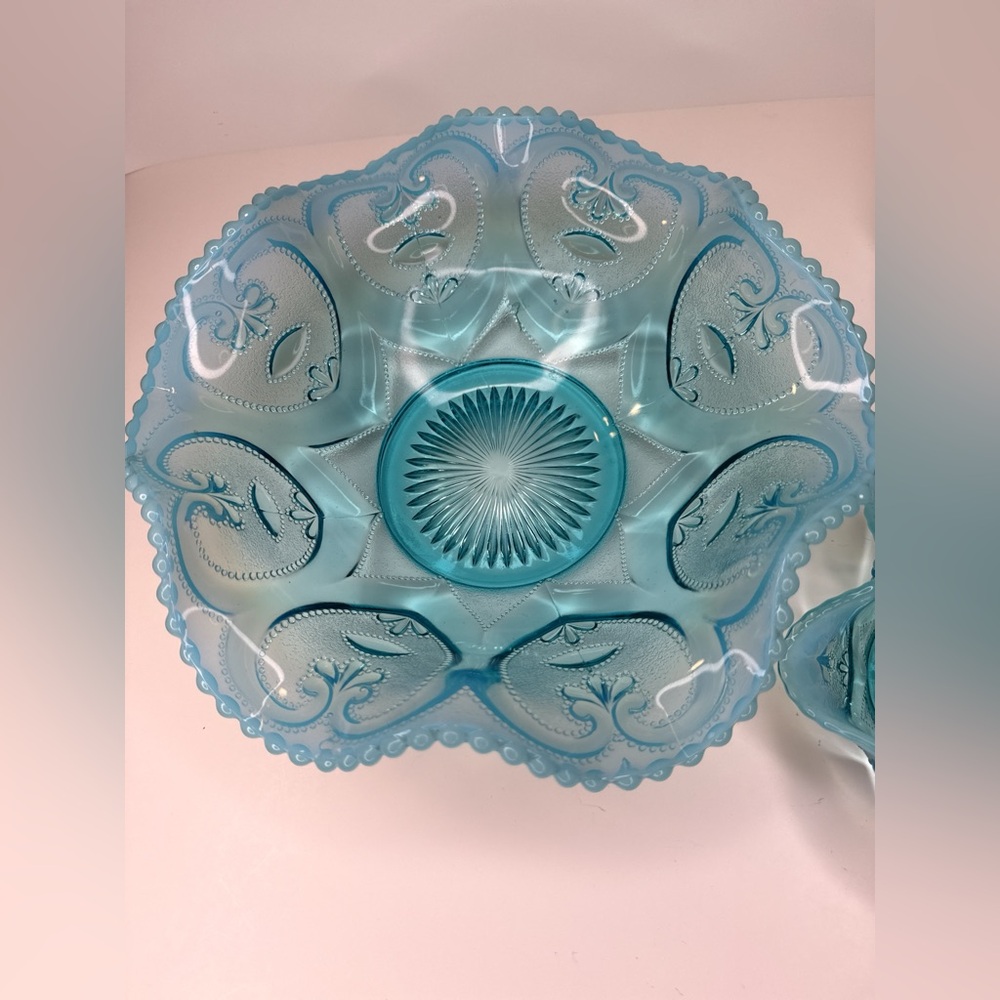 Northwood Jewel Heart Opalescent Ruffled Scalloped Blue Bowls - Picture 3 of 10